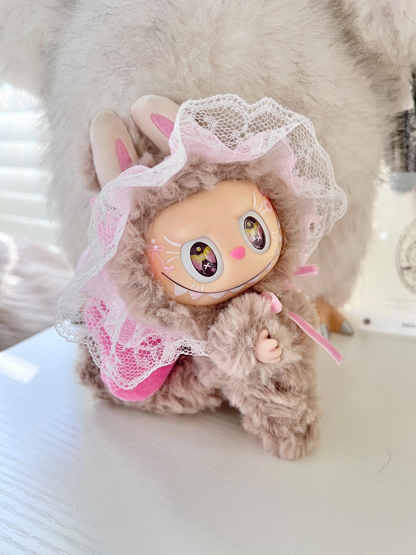 Custom labubu Doll Original Brown Lace Pink Bow Handmade Modification Cute | Limited RARE