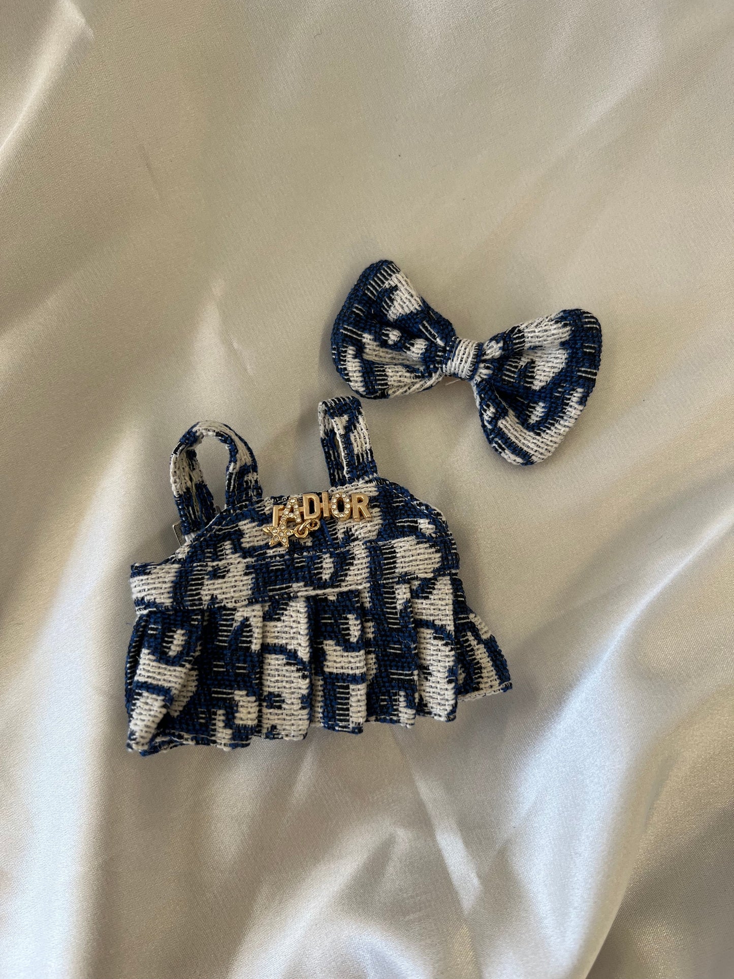 Labubu CD Inspired Navy & White Tweed Dress Set with Bow - ToyUnity