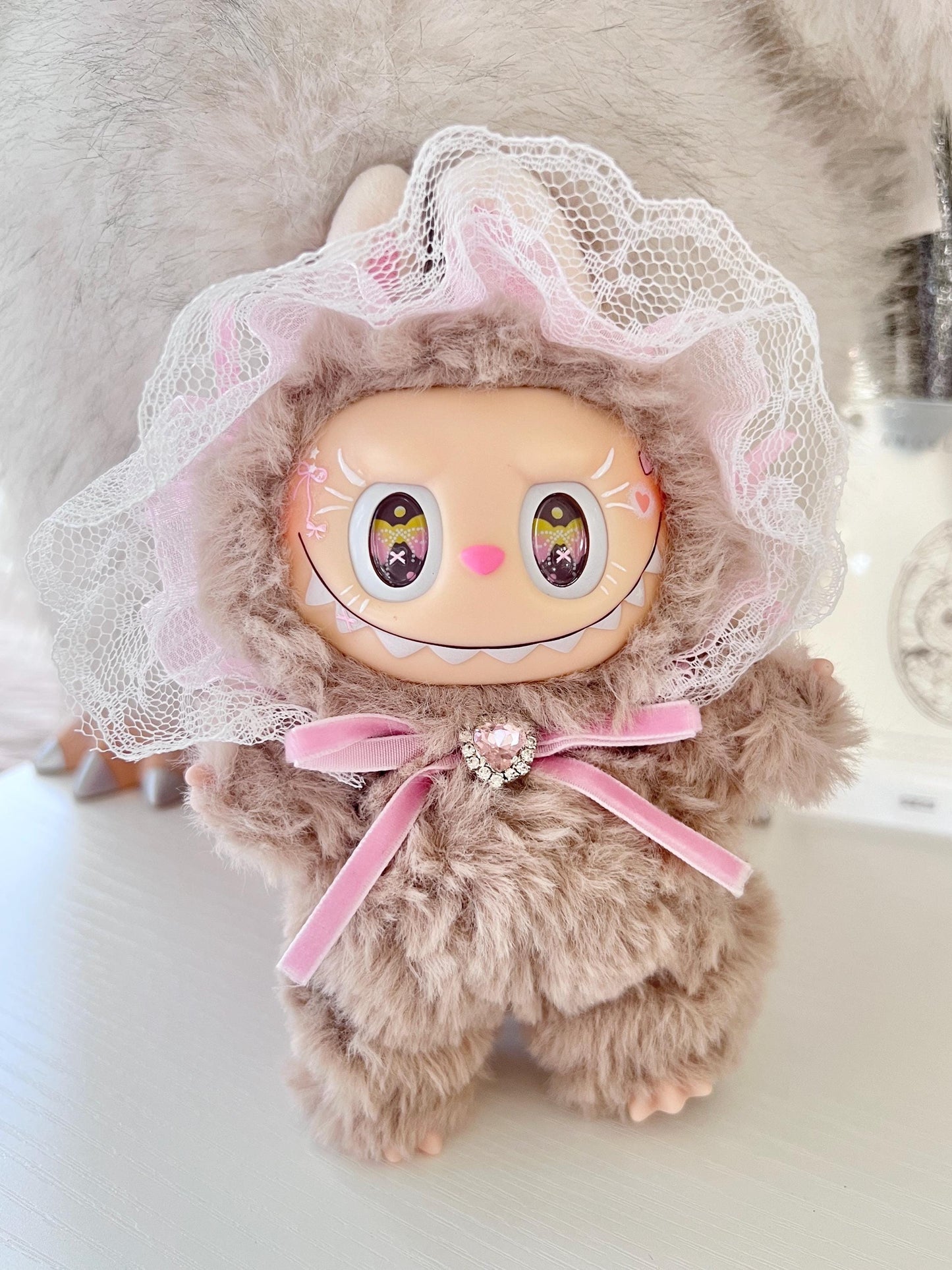 Custom labubu Doll Original Brown Lace Pink Bow Handmade Modification Cute | Limited RARE