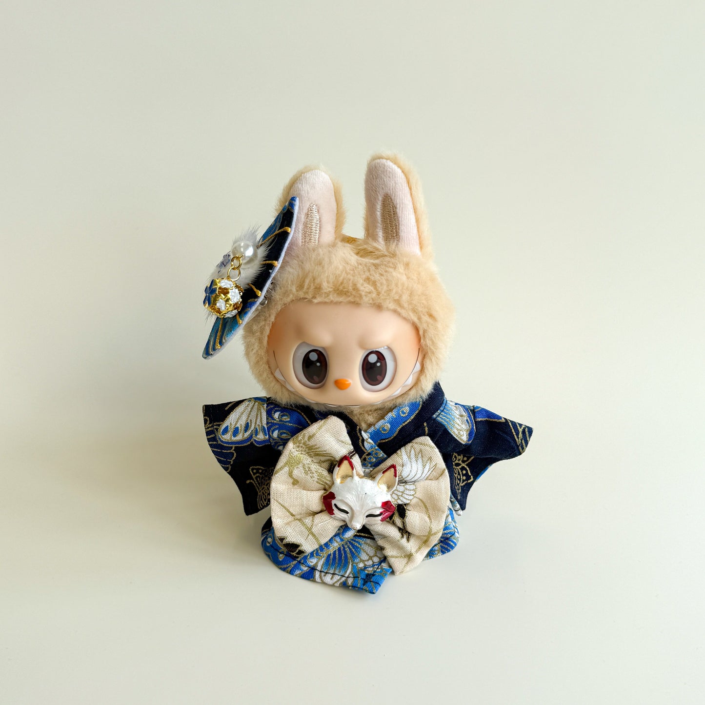 Labubu Kimono Set – Blue Crane Pattern with Fox Mask Bow - ToyUnity
