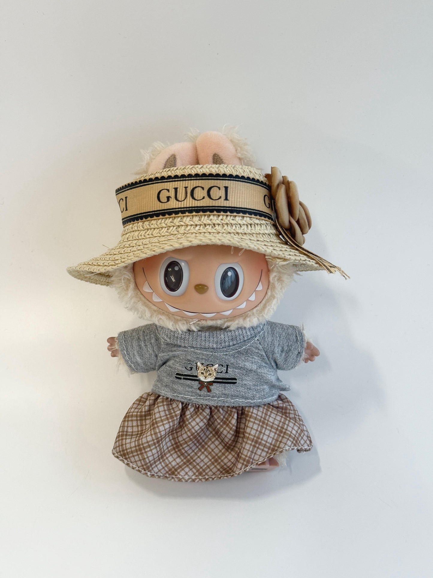 Labubu GG Inspired Straw Hat & Sweater Set with Plaid Skirt - ToyUnity