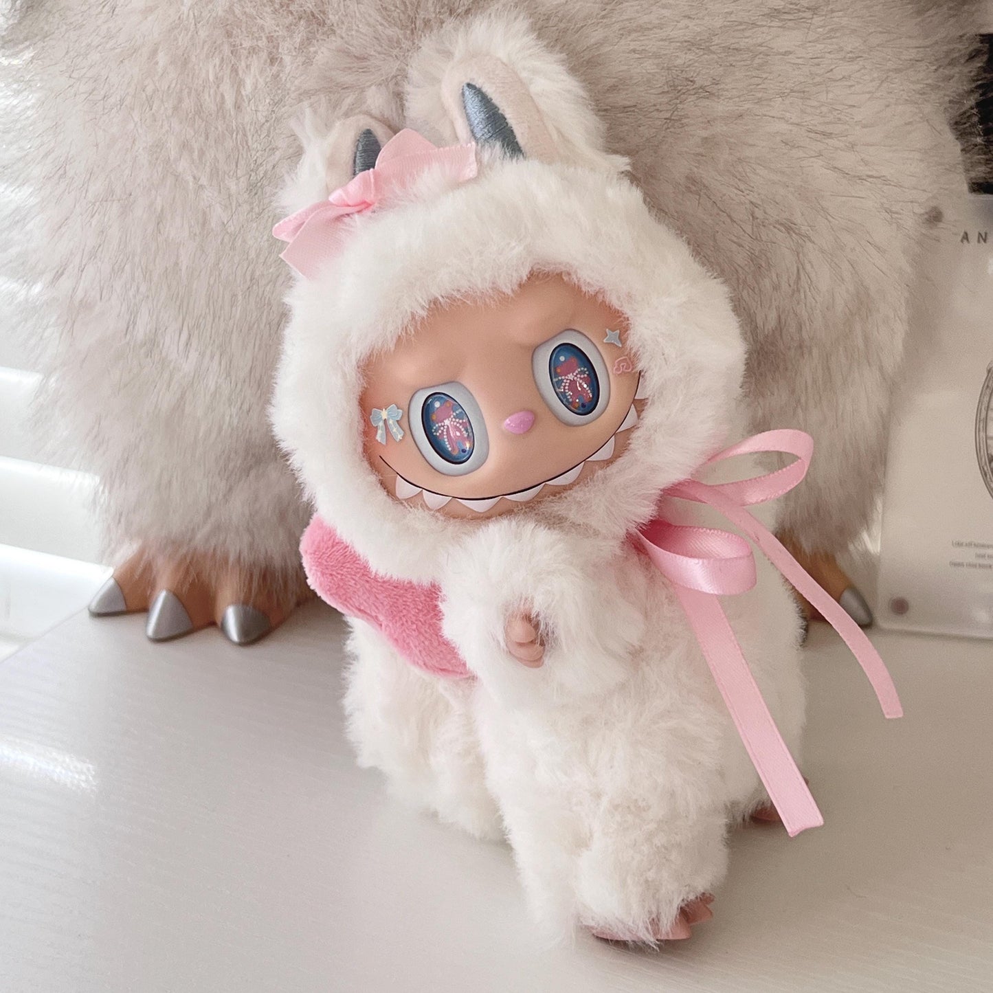 Custom labubu Doll Original white blue pink Bow Handmade Modification | Limited RARE