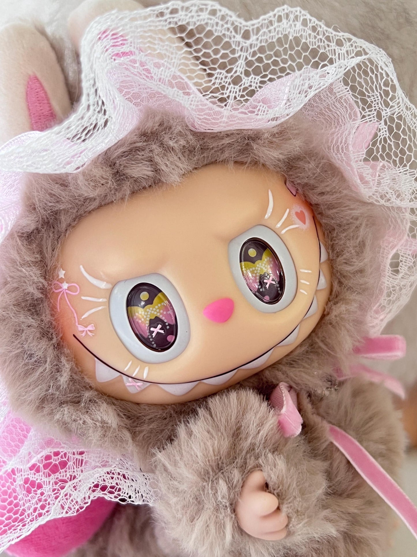 Custom labubu Doll Original Brown Lace Pink Bow Handmade Modification Cute | Limited RARE