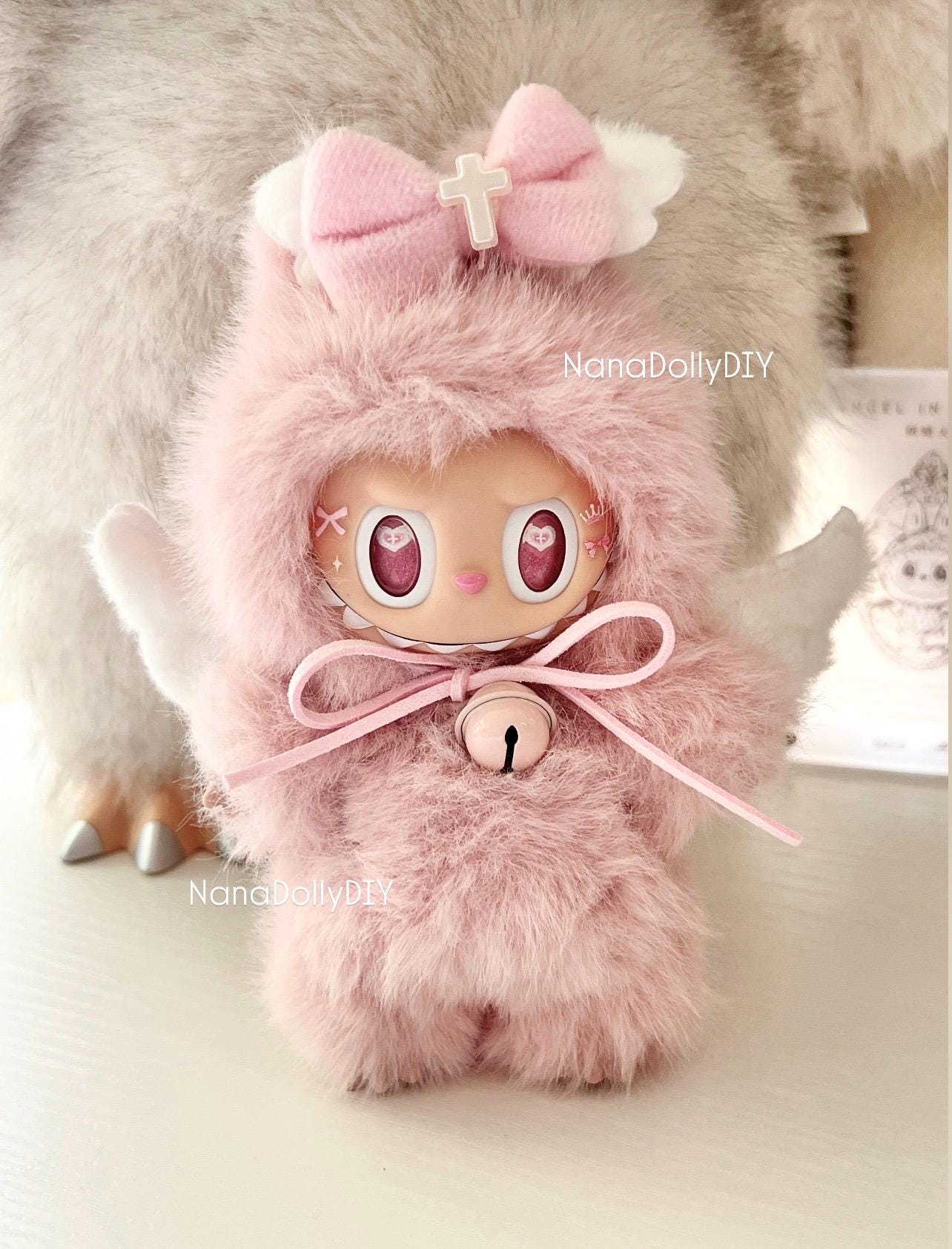 Custom labubu Doll Original fluffy Pink Bow wings Handmade Modification | Limited RARE - ToyUnity