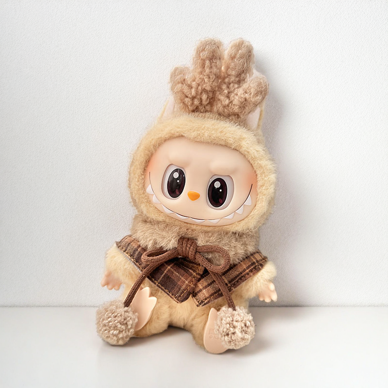 Labubu Cozy Reindeer Set - Beige Plush & Plaid Scarf Character Costume - ToyUnity