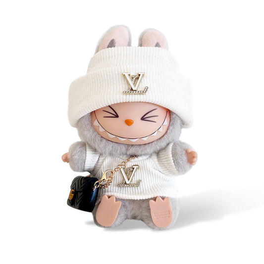 POP MART The Monsters Labubu Fashion Dress - LV Style White Top with Metallic Logo + White Hat + Black Bag - ToyUnity