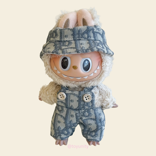 2-Piece Monogram Denim Set for Collectible Dolls – Bucket Hat & Overalls (Light Grey) ToyUnity