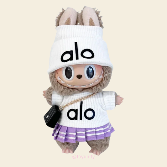 POP MART The Monsters Labubu Fashion Dress - Luxury Style White Top + White hat + Purple Skirt + Black Bag ToyUnity