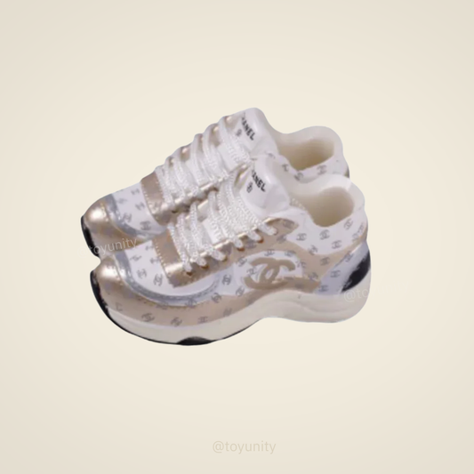 Mini Luxury Monogram Sneakers for Collectible Dolls – White & Gold Trainers ToyUnity