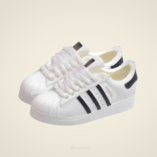 Mini White & Black Three-Stripe Sneakers for Collectible Dolls – Streetwear Classic ToyUnity