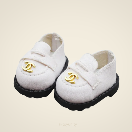 Mini White Loafers with Gold Detail – Collectible Doll Shoes ToyUnity