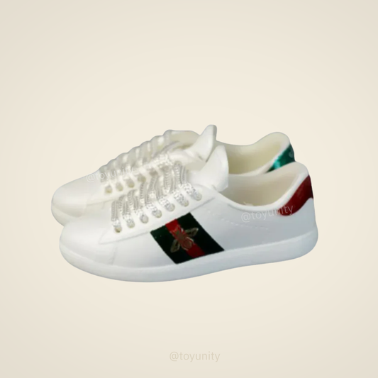 Mini White Designer-Inspired Sneakers with Bee Detail – Collectible Doll Shoes ToyUnity