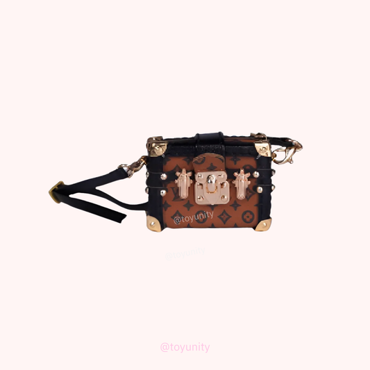 Mini Monogram-Inspired Trunk Crossbody for Collectible Dolls – Brown with Black Trim ToyUnity