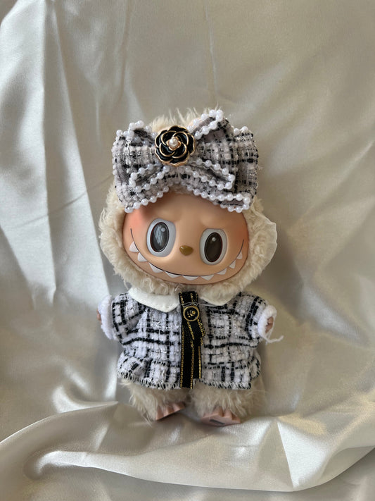 Labubu Designer Tweed Outfit Set - Elegant Black & White with Bow & Brooch (17cm) - ToyUnity