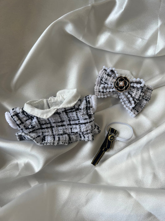 Labubu Designer Tweed Outfit Set - Elegant Black & White with Bow & Brooch (17cm) - ToyUnity