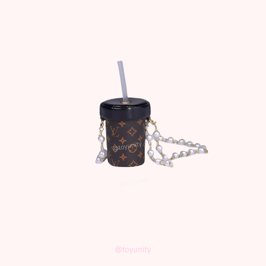 Mini Monogram-Inspired Bubble Tea Cup Bag for Collectible Dolls – Pearl Chain Strap ToyUnity