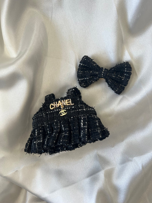 Labubu Coco Inspired Classic Black Tweed Dress Set with Bow - ToyUnity
