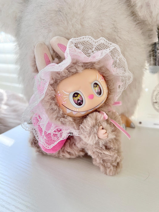 Custom labubu Doll Original  Brown Lace Pink Bow Handmade Modification Cute | Limited RARE
