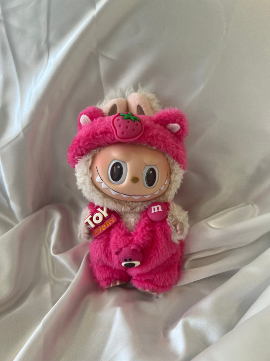 Labubu Berry Bear Set - Pink Fluffy Onesie & Strawberry Hood (17cm) - ToyUnity