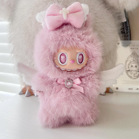 Custom labubu Doll Original fluffy Pink heart Bow white wings Handmade Modification | Limited RARE