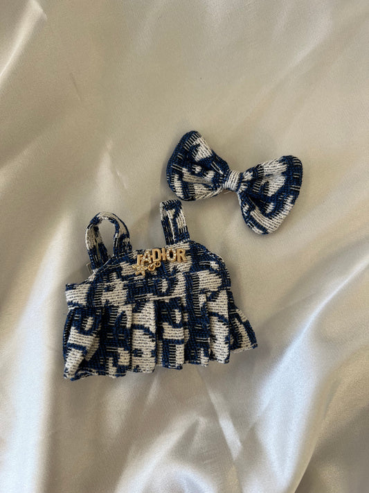 Labubu CD Inspired Navy & White Tweed Dress Set with Bow - ToyUnity