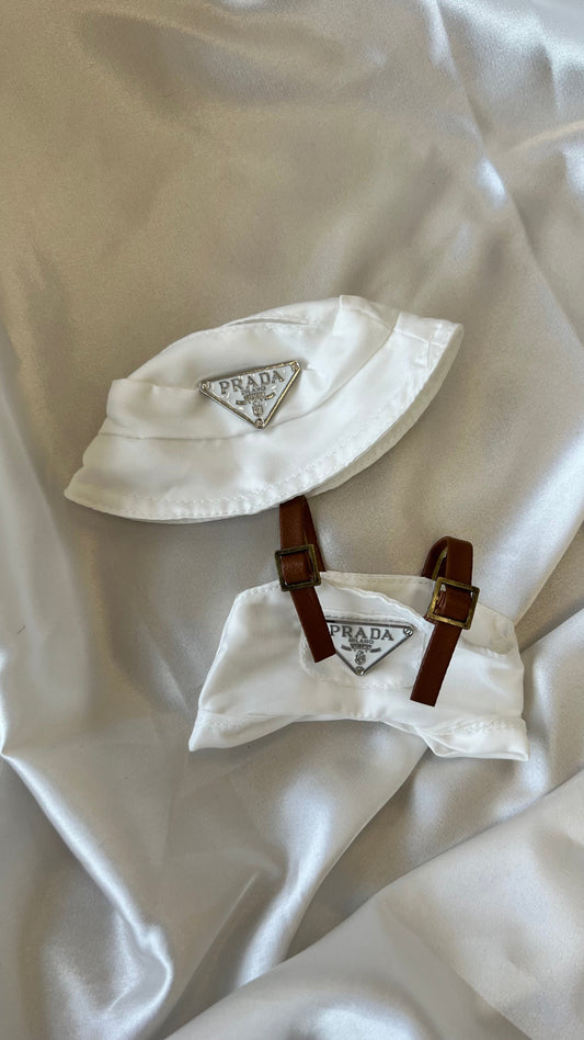Labubu Designer-Inspired Bucket Hat and Overalls Set - White - ToyUnity
