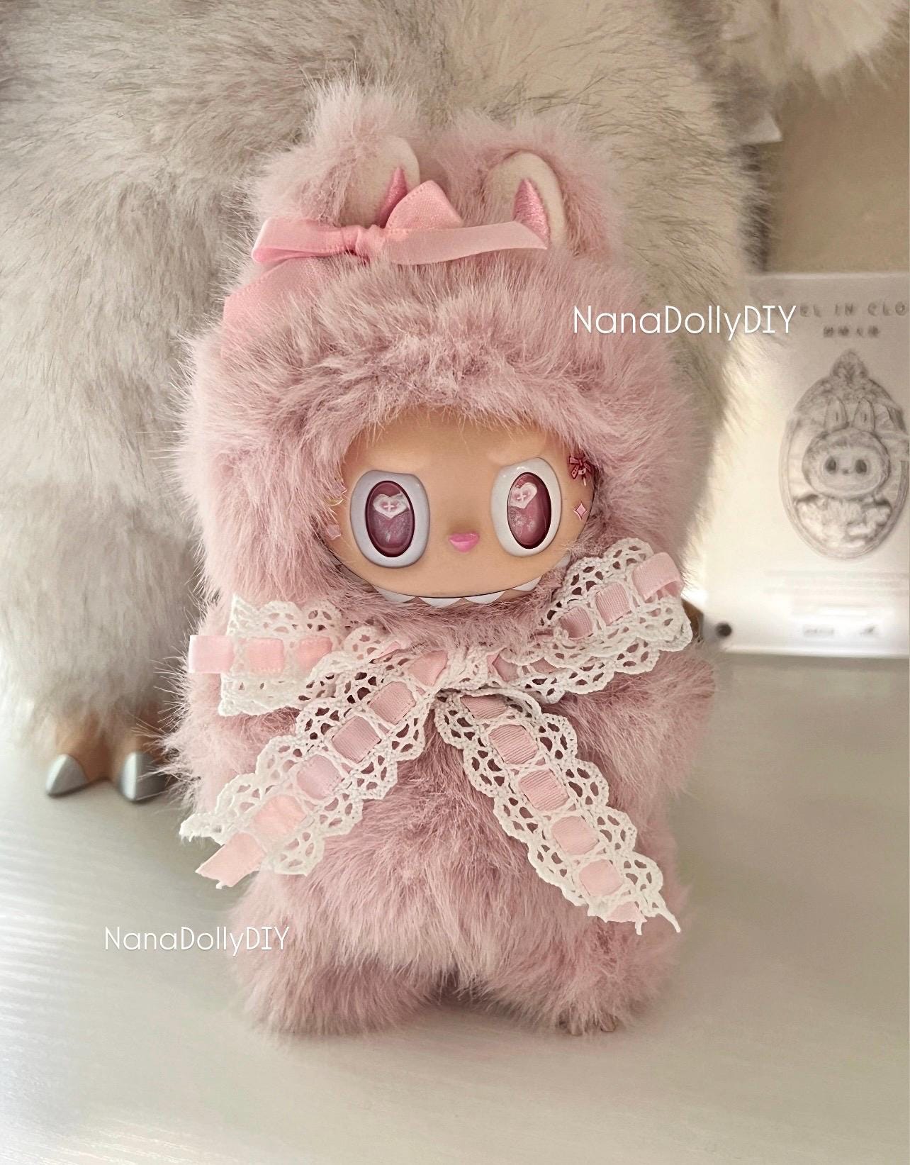Custom labubu Doll Original pink bow butterfly eyes Handmade Modification | Limited RARE | DIY - ToyUnity