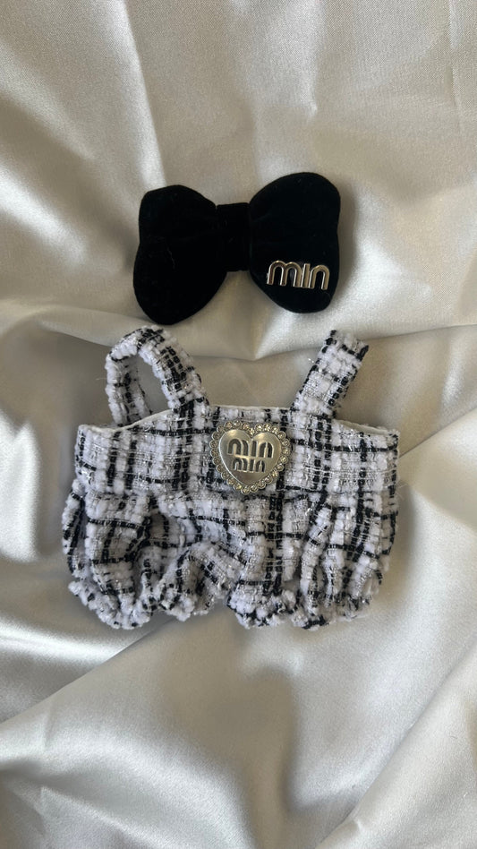 Labubu Black and White Tweed Romper Set with Bow Headband - ToyUnity