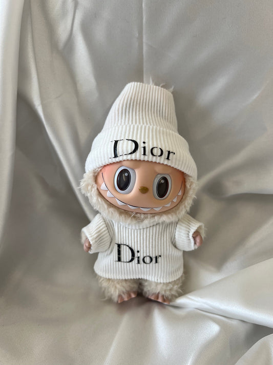 Labubu Winter Designer Set - White Ribbed Sweater & Matching Beanie (17cm) - ToyUnity