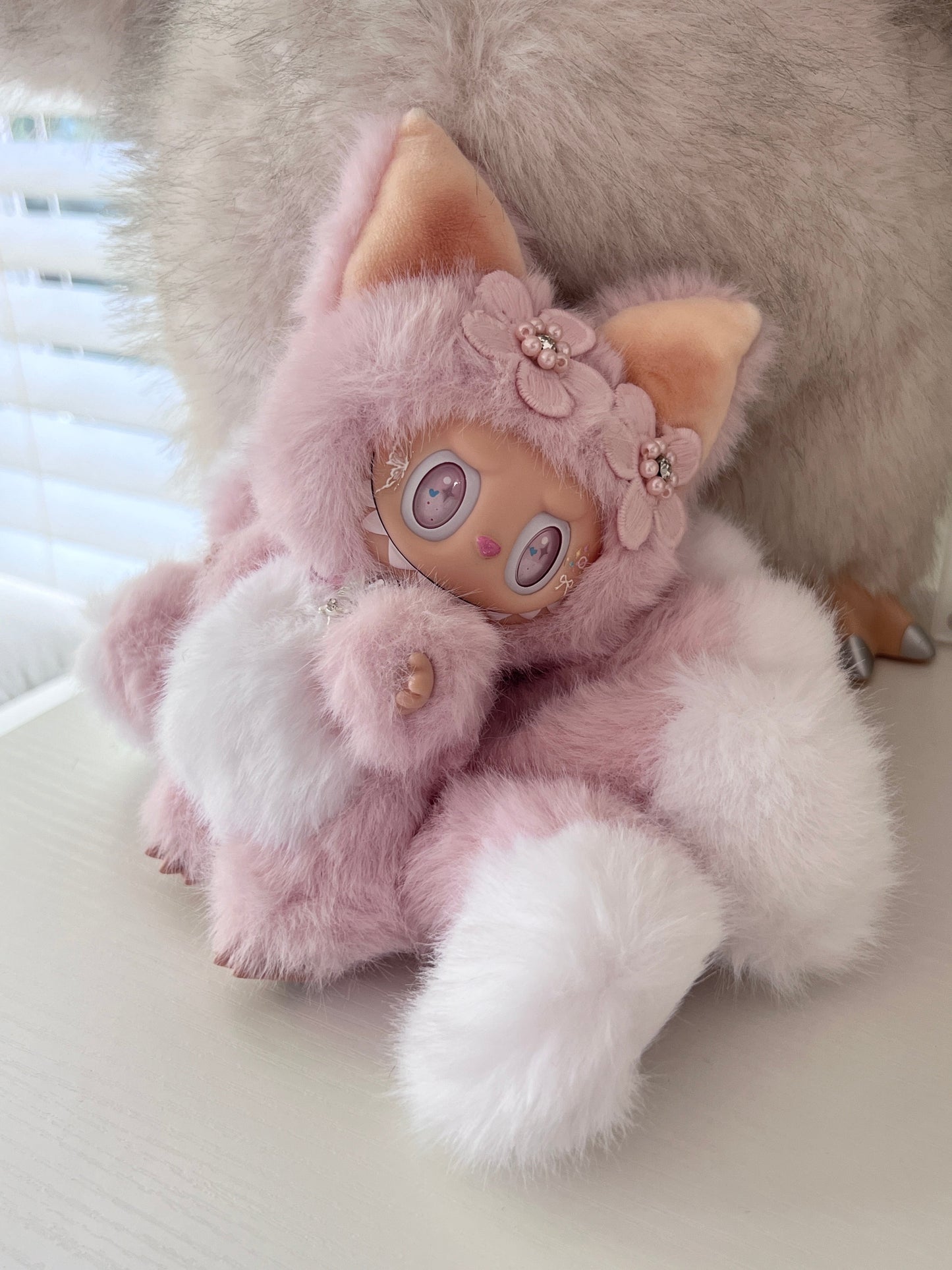 Custom labubu Doll Original nine tail fox with Sakura hair pin Handmade Modification | Limited RARE