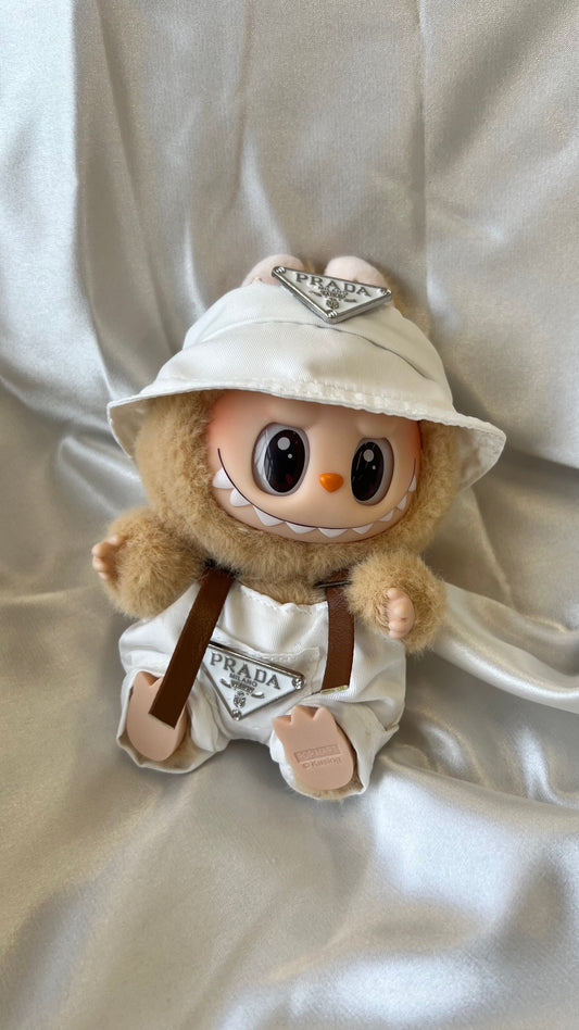 Labubu Designer-Inspired Bucket Hat and Overalls Set - White - ToyUnity