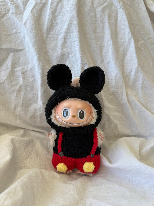 Labubu Classic Cartoon Outfit Set - Black Hoodie & Red Overalls (17cm) - ToyUnity