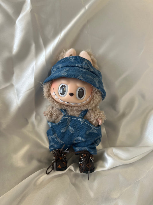 Labubu Luxury Inspired Blue Monogram Denim Set - Overalls & Bucket Hat - ToyUnity