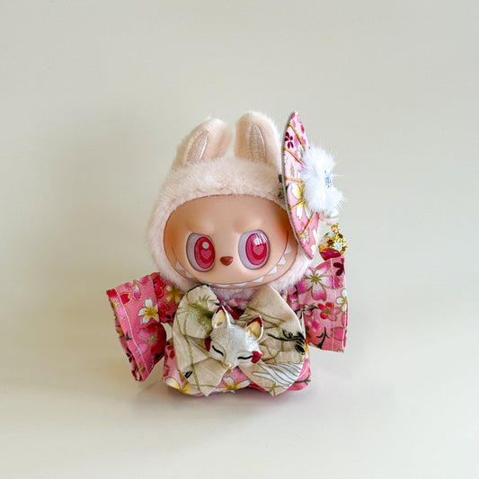 Labubu Kimono Set – Pink Cherry Blossom with Fox Mask Bow - ToyUnity