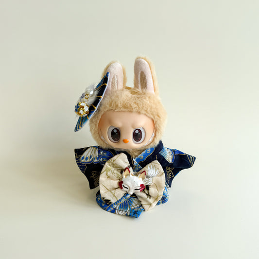 Labubu Kimono Set – Blue Crane Pattern with Fox Mask Bow - ToyUnity