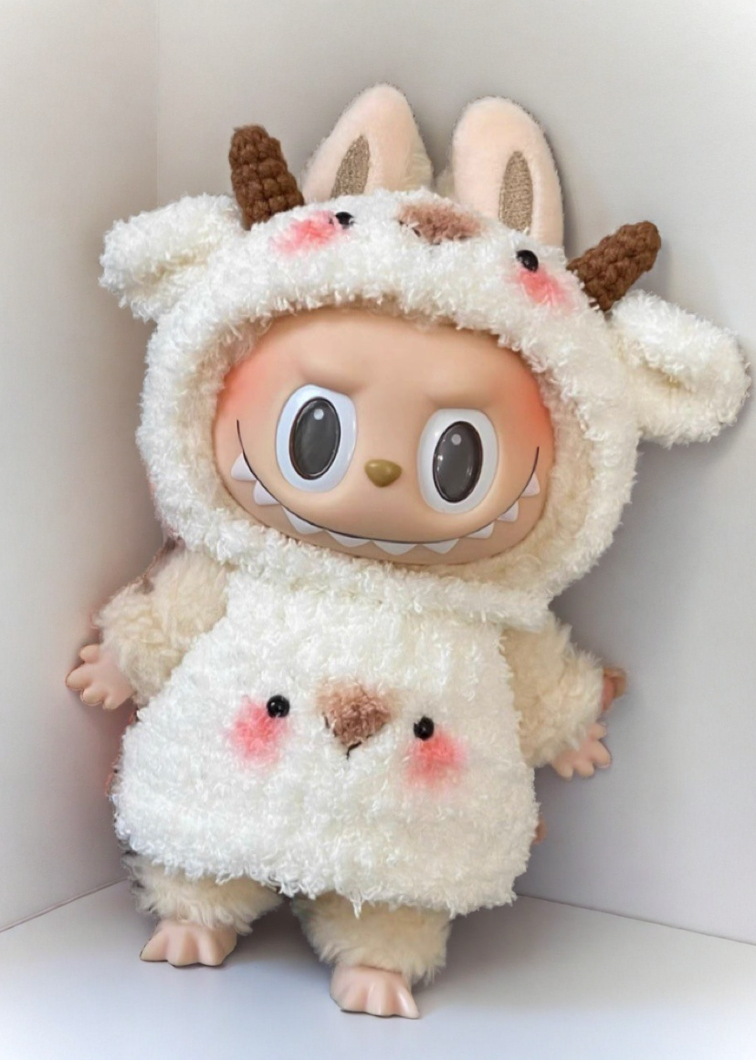 Labubu Fluffy Goat Costume Set - Cream White Onesie with Horns (17cm) - ToyUnity