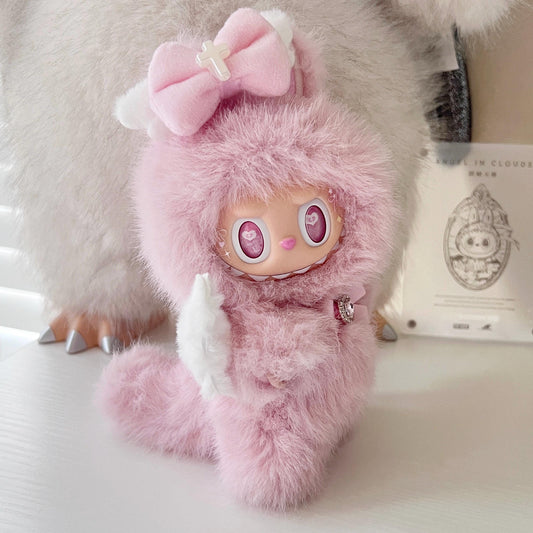 Custom labubu Doll Original fluffy Pink heart Bow white wings Handmade Modification | Limited RARE
