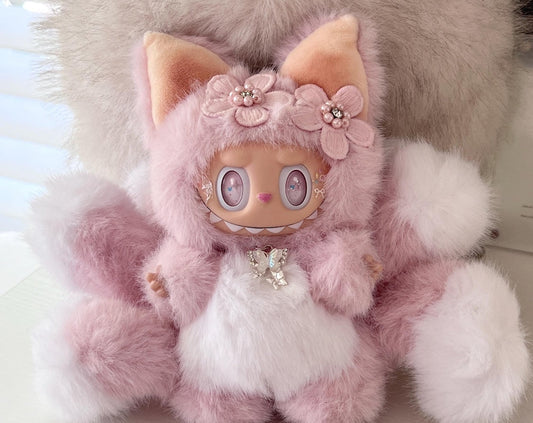 Custom labubu Doll Original nine tail fox with Sakura hair pin Handmade Modification | Limited RARE